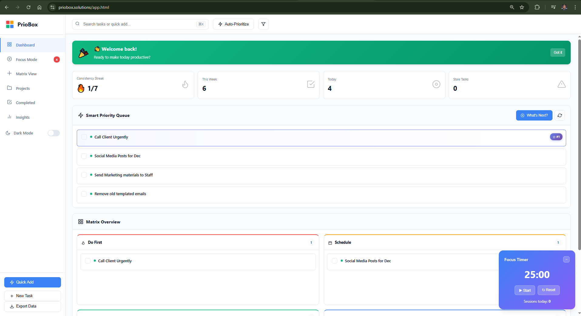 PrioBox App Dashboard - Eisenhower Matrix Task Management